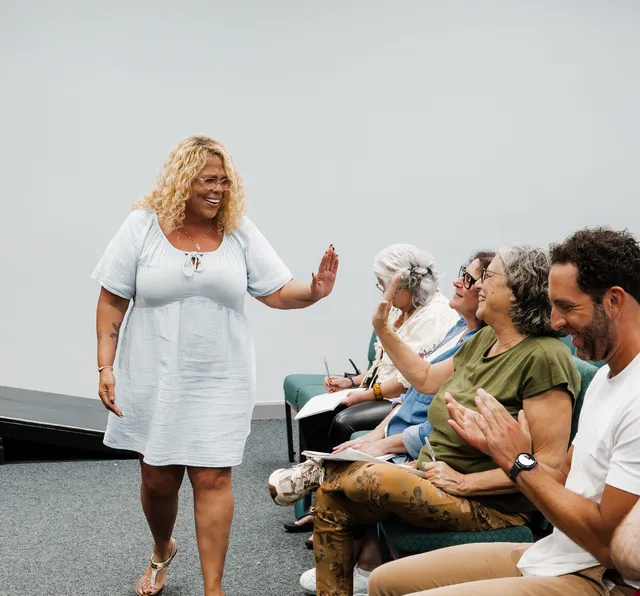 Participants practicing improv comedy at a beginner workshop in Stuart, Florida